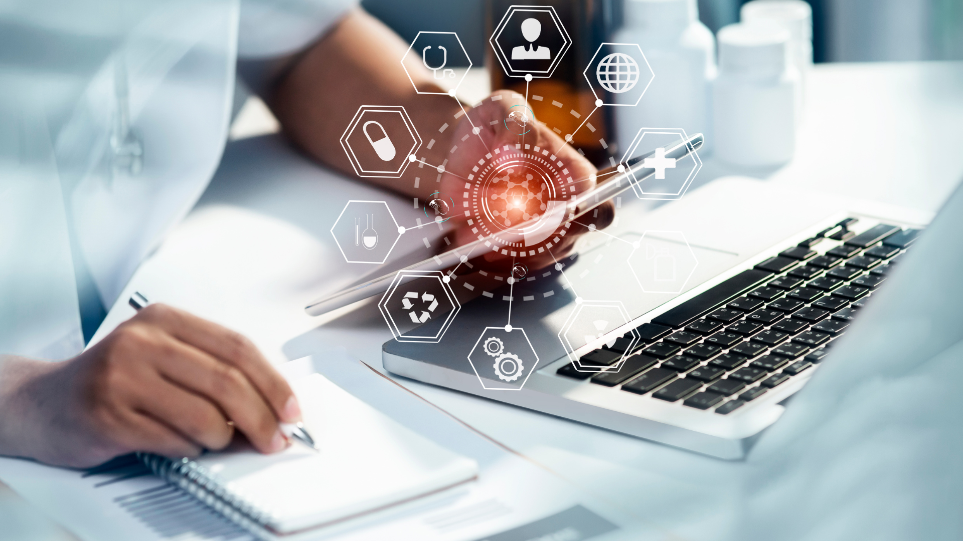 A person sitting at a desk working on a laptop with a graphic overlay